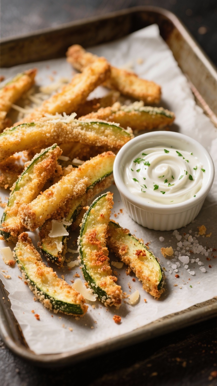 A 45-degree angle shot of crispy baked zucchini fries on a parchment-lined sheet pan, golden and textured from almond flour, finely grated Parmesan, garlic powder, onion powder, and smoked paprika; a ramekin of herbed yogurt dip swirled with green flecks beside them; visible salt crystals; warm, crunchy detail with crumbs scattered, dramatic side lighting to highlight the crisp coating