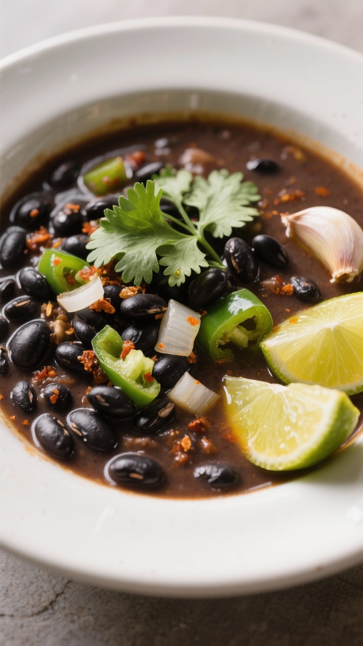 A 45-degree angle shot of Cuban-inspired black bean soup in a wide bowl: glossy black beans in a smoky, cumin- and paprika-scented broth with sofrito of onion, green bell pepper, and garlic; finished with a bright citrus mojo drizzle (garlic-citrus oil) and fresh cilantro; lime halves and an extra garlic clove on the side.
