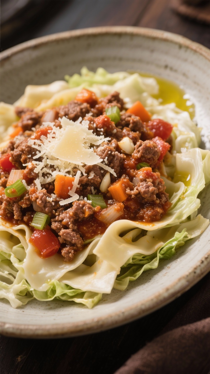 A 45-degree bowl of quick Bolognese with shaved cabbage “pappardelle”: wide, pale cabbage ribbons folded through a rich, chunky meat sauce made from ground beef (and pork), finely chopped onion, carrot, celery, and garlic simmered in tomatoes and olive oil; sauce clinging to the “noodles,” a final olive oil drizzle and Parmesan dusting; served in a heavy ceramic bowl, cozy weeknight vibe.