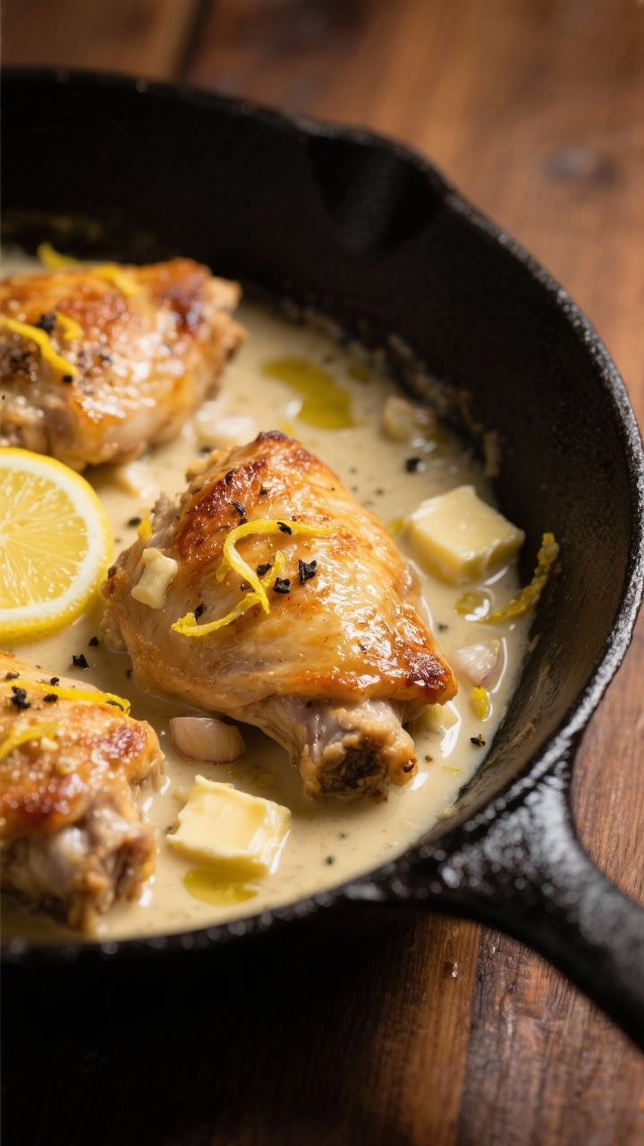 A 45-degree close-up of a creamy lemon-garlic chicken thigh skillet: golden, crispy skin-on boneless chicken thighs simmered in a glossy cream sauce with visible minced garlic, lemon zest flecks, and a squeeze of fresh lemon juice pooling around the edges; butter and olive oil sheen on the cast-iron surface; garnished with fine lemon zest curls and cracked black pepper; moody side light to accentuate the crisp skin and velvety sauce, no people, rustic black skillet on a warm wooden table.