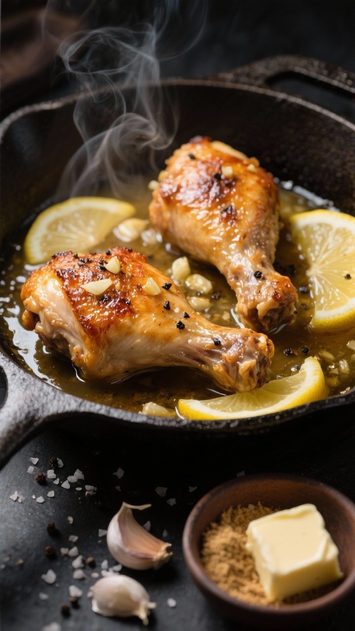 A 45-degree close-up of crispy, golden-brown bone-in, skin-on chicken thighs in a skillet, skin blistered and glistening in garlic-butter with visible minced garlic bits; a glossy lemon pan sauce pooled beneath, thin lemon slices and freshly cracked black pepper sprinkled over; kosher salt flakes on the surface, steam rising; styled on a dark cast-iron pan with a small bowl of garlic powder and a pat of unsalted butter nearby for context, moody lighting emphasizing texture.