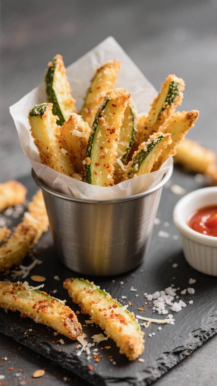 A 45-degree close-up of crispy Parmesan zucchini fries fresh from the air fryer, golden and ridged with finely grated Parmesan and almond flour crust, speckled with garlic powder and smoked paprika; arranged like French fries in a parchment-lined enamel cup with extra fries scattered on a slate board, a small ramekin of low-carb marinara on the side, light sea salt crystals visible, shallow depth of field to emphasize crunchy texture.