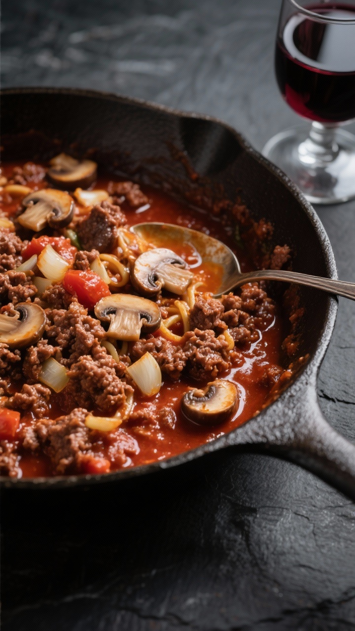 A 45-degree close-up of Mushroom-Boosted Umami Bolognese in a cast-iron pan: ground beef deeply browned with finely chopped cremini mushrooms, minced onion and garlic, tomato paste blooming to a brick-red sheen, and a splash of dry red wine reducing into a lacquered, umami-packed sauce; visible tiny mushroom pieces and glistening beef crumbles; dark slate background, moody light, a small glass of red wine and a spoon trail through the glossy sauce.