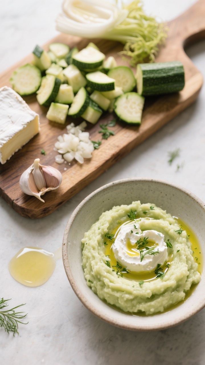 A 45-degree ingredient-prep to final shot for herbed zucchini-garlic mash with goat cheese: chopped zucchini and optional fennel on a board, minced garlic, a log of soft chèvre, and a small pool of olive oil; next to it, the finished pale-green mash dolloped into a bowl with creamy goat cheese swirls and fresh herbs, glossy from olive oil; airy, fresh springtime vibe with crisp highlights.