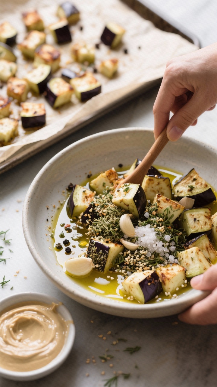 A 45-degree ingredient-to-roast transition shot: cubed eggplant in a wide bowl being tossed with olive oil, za’atar seasoning, kosher salt, black pepper, and a dusting of garlic powder; some pieces already spread onto a parchment-lined tray, a small dish of tahini nearby ready for the final drizzle, sesame-herb flecks from za’atar visible, soft diffused daylight.