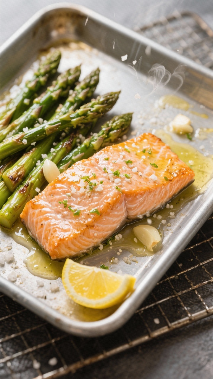 A 45-degree one-pan dinner action shot: garlic butter salmon with asparagus on a sheet pan, salmon fillets lacquered with melted butter, olive oil, minced garlic, and lemon zest; spears of asparagus glistening and slightly blistered; a fresh drizzle of lemon juice beading on the salmon; sea salt crystals visible; captured mid-steam with a lemon wedge at the corner, metallic pan on a textured baking rack.