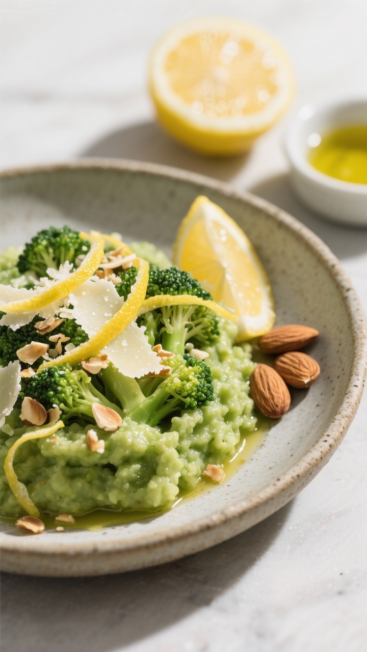 A 45-degree plated presentation of buttered broccoli mash with grated Pecorino Romano, bright lemon zest ribbons, and a crunchy almond sprinkle on top; the mash is vibrant green with glossy butter and extra-virgin olive oil sheen, served in a shallow stoneware bowl; a halved lemon, whole almonds, and a small dish of olive oil styled to the side; crisp, fresh mood with bright highlights.