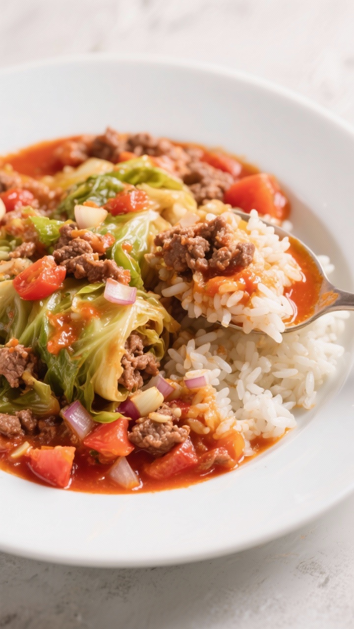 A 45-degree plated presentation of Unstuffed Cabbage Roll Casserole: a generous scoop on a white shallow bowl showing tender chopped green cabbage, seasoned ground beef, and plump grains of white rice bound in a sweet-tangy tomato sauce made from canned tomato sauce and diced tomatoes. Visible diced onion and garlic flecks, a bright red-orange glaze clinging to the ingredients, a light spoon smear of sauce on the rim, cozy Eastern European vibe.