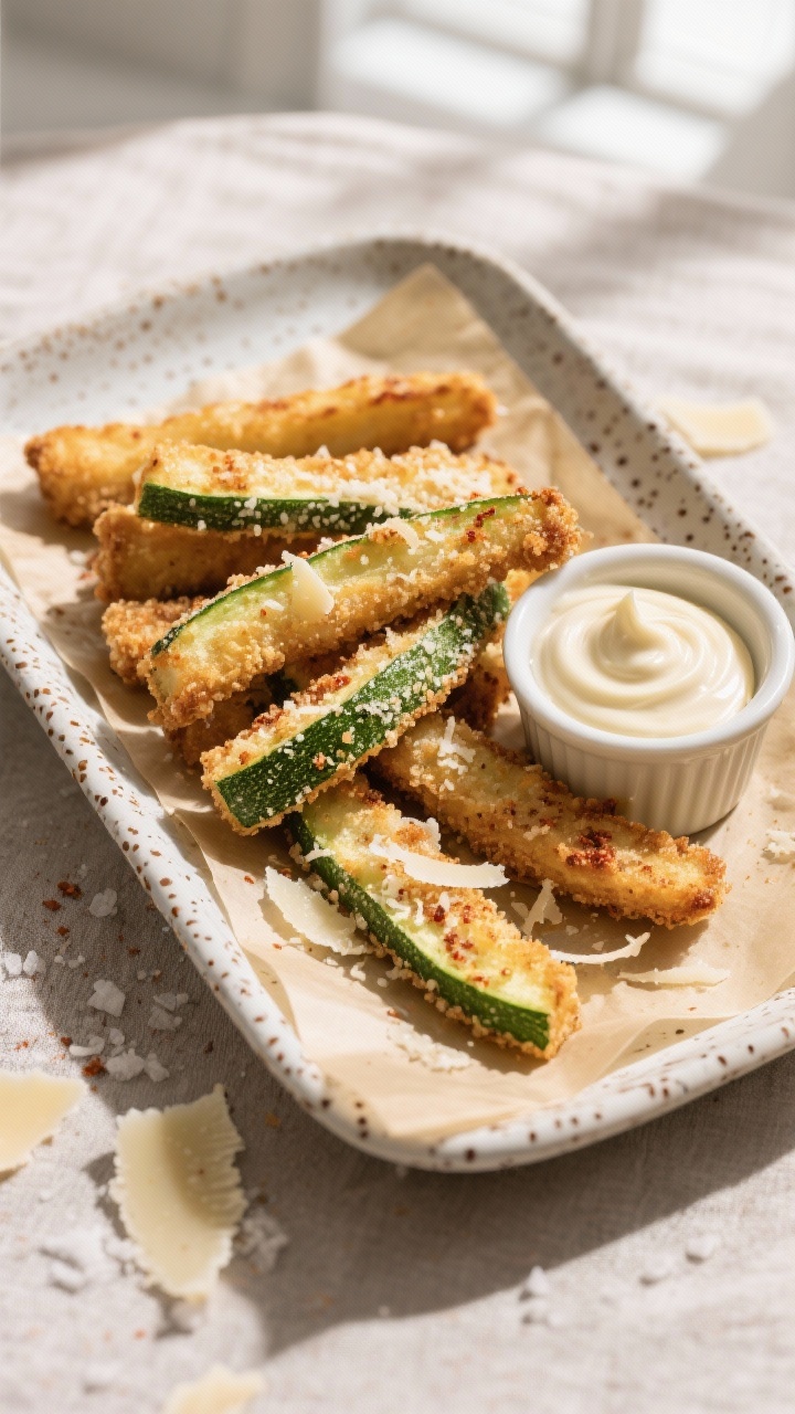 A 45-degree plated shot of crispy Parmesan-crusted zucchini fries arranged in a parchment-lined speckled ceramic tray, golden edges and flecks of smoked paprika and garlic powder visible in the crust made from finely grated Parmesan and super-fine almond flour; a small ramekin of silky garlic aioli on the side with a light swirl, tiny Parmesan shavings scattered around, and a sprinkle of sea salt; neutral linen, soft window light, shallow depth of field to emphasize the crunchy texture and green zucchini cores.