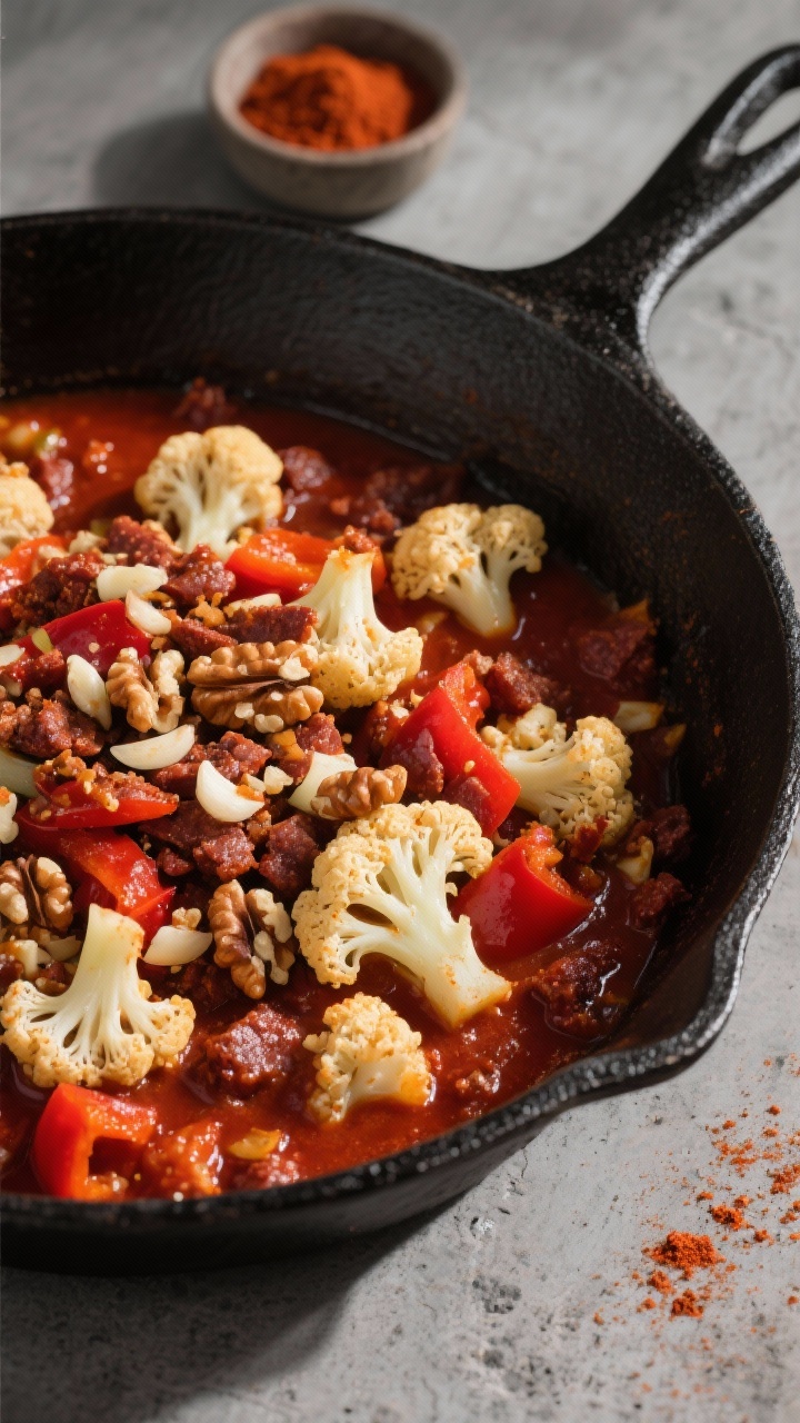 A 45-degree skillet shot of beanless cauliflower chili with walnut “chorizo” crumbles: small cauliflower florets and red bell pepper in a rich red chili base, with visible minced garlic; smoked paprika and chili powder-lacquered walnut crumbles scattered on top for a chorizo-like look; textures pop under hard side light, minimal props, black cast-iron pan on a concrete surface, a pinch bowl of smoked paprika nearby.