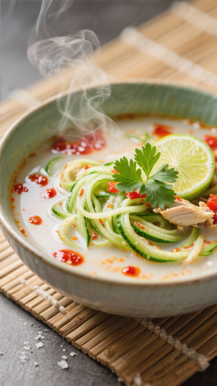 A 45-degree steaming bowl of Thai coconut lime zoodle soup: silky coconut milk broth infused with red curry paste, chicken/vegetable broth, fish sauce, fresh grated ginger, and sea salt, swirling around bright green zucchini noodles; garnished with a lime wedge and a few cilantro leaves; red curry oil droplets shimmering on the surface; ceramic bowl on a bamboo mat, clean and vibrant.