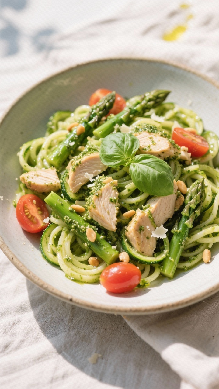 A bright 45-degree, springy pesto chicken zoodle primavera: vivid green zucchini noodles tossed with juicy bite-size chicken pieces, cherry tomato halves, and 1-inch asparagus pieces, all slicked in basil pesto with visible pine nut and Parmesan flecks; a final drizzle of olive oil and torn basil leaves; served in a wide pasta bowl on a sunlit linen, fresh and vibrant.