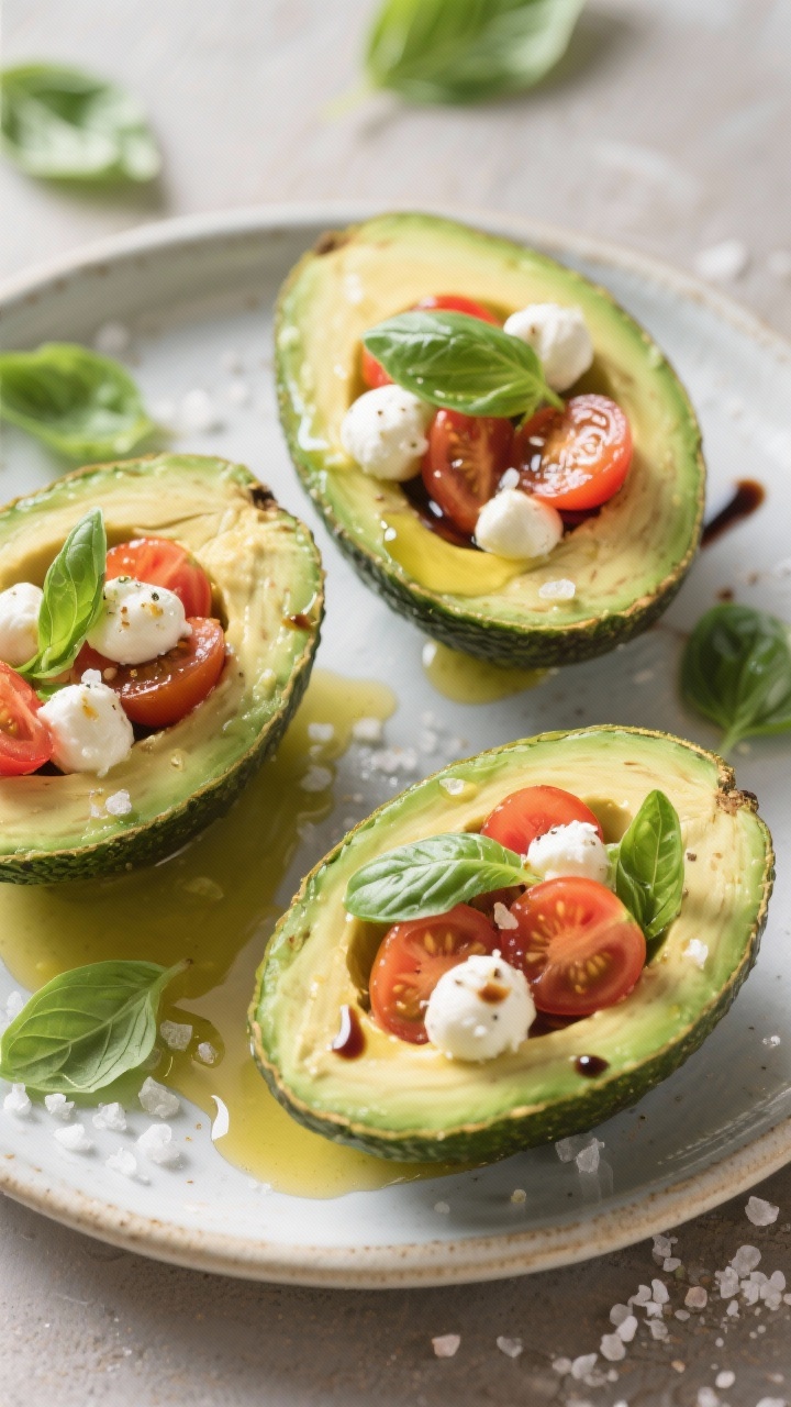 A bright overhead shot of caprese stuffed avocados: ripe avocado halves filled with quartered cherry tomatoes, fresh mozzarella pearls, and thinly sliced basil; extra-virgin olive oil and a glossy balsamic drizzle pooling in the avocado wells; coarse sea salt flakes visible, arranged on a light ceramic platter with a few loose basil leaves for freshness, airy daylight for a summery Italian mood.