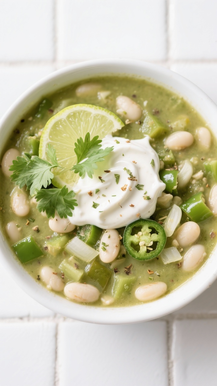 A bright, straight-on bowl shot of white bean green chile chili topped with creamy lime yogurt: pale green broth studded with white beans, diced poblano and optional jalapeño, onion and garlic; flecks of ground cumin, coriander, and dried oregano; swirl of lime-zested yogurt on top, cilantro leaves and thin lime wheels for garnish; set on a white tile background to emphasize freshness and Southwestern vibes, crisp daylight.