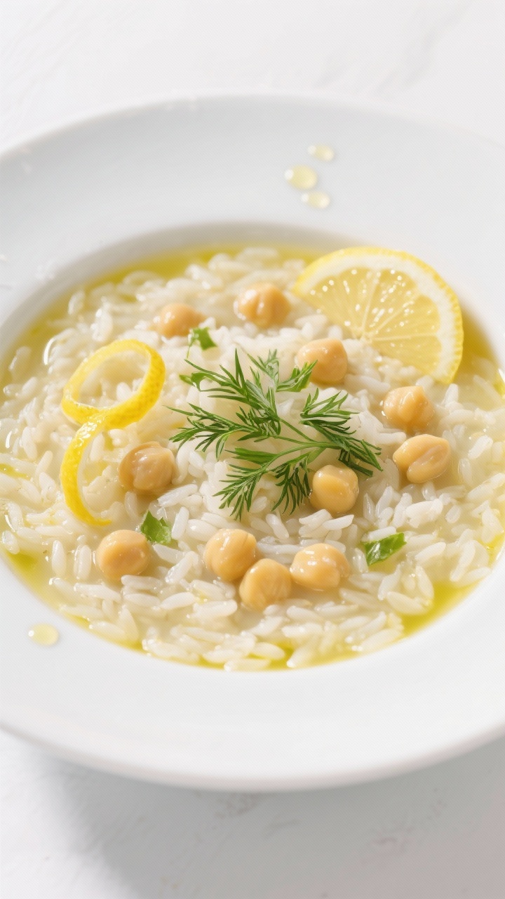 A bright, straight-on plated bowl of Greek lemon rice soup with chickpeas: short-grain rice suspended in a lemony vegetable broth, tender chickpeas throughout; lemon zest curls and wedges on the rim; glossy olive oil drops on the surface; garnished with fresh dill and parsley for an avgolemono-inspired look, clean white background.