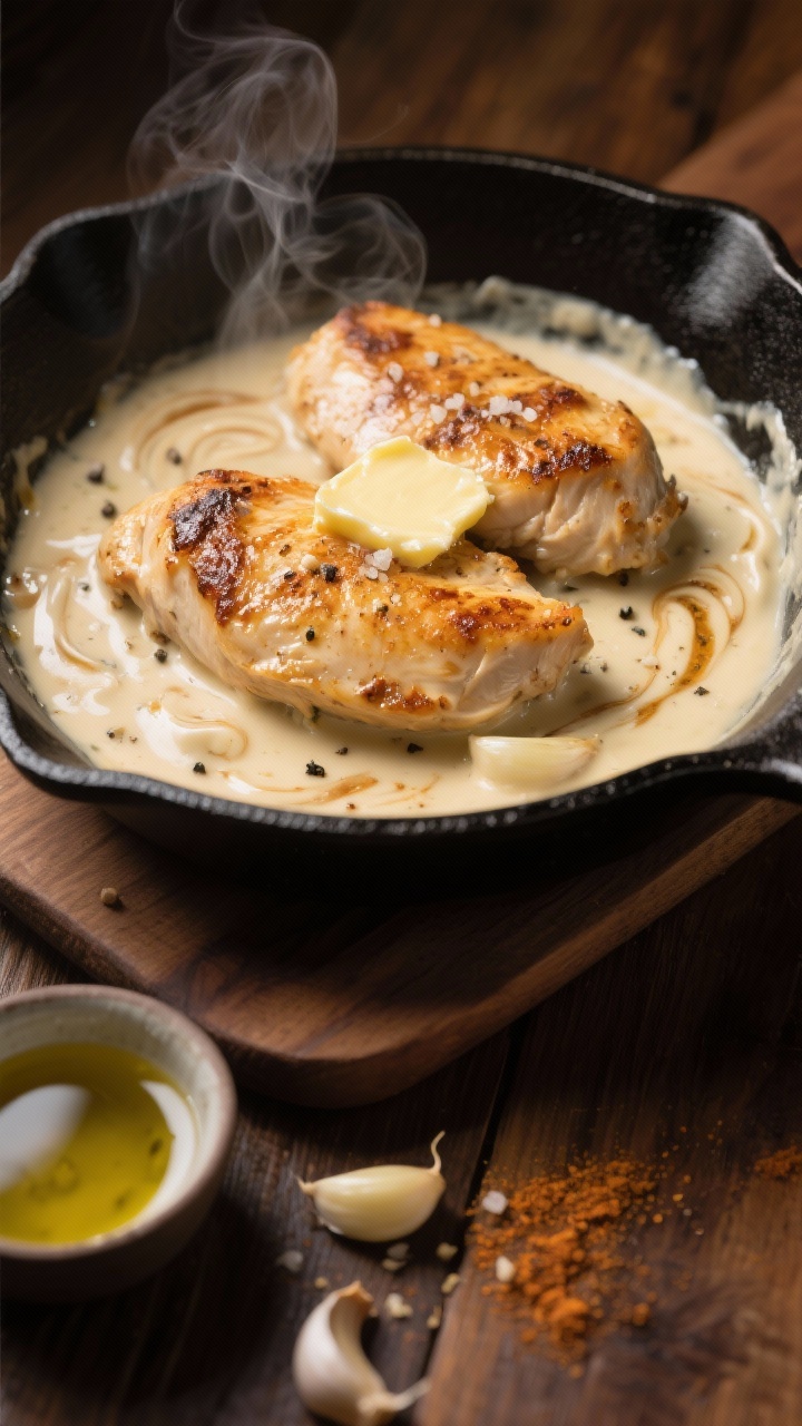 A close-up, 45-degree angle shot of a creamy garlic chicken skillet: golden seared boneless skinless chicken breasts nestled in a lush cream sauce with visible browned bits, melted unsalted butter swirls, and specks of garlic, sea salt, black pepper, and garlic powder. Shot in a matte black cast-iron skillet on a warm wood table, with a small bowl of olive oil and a few crushed garlic cloves in frame. Steam rising, glossy sauce clinging to the chicken, moody, cozy lighting to evoke “cheat night” comfort.