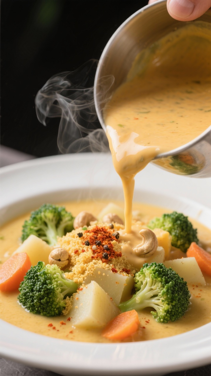 A close-up of broccoli “cheddar” soup with cashew velvet being poured into a bowl, showing the ultra-creamy cashew-based “cheese” sauce blending with tender broccoli florets, diced potatoes, and slices of carrot; nutritional yeast “cheddar” hue implied; topped with a sprinkle of paprika and cracked pepper, steam curling up.