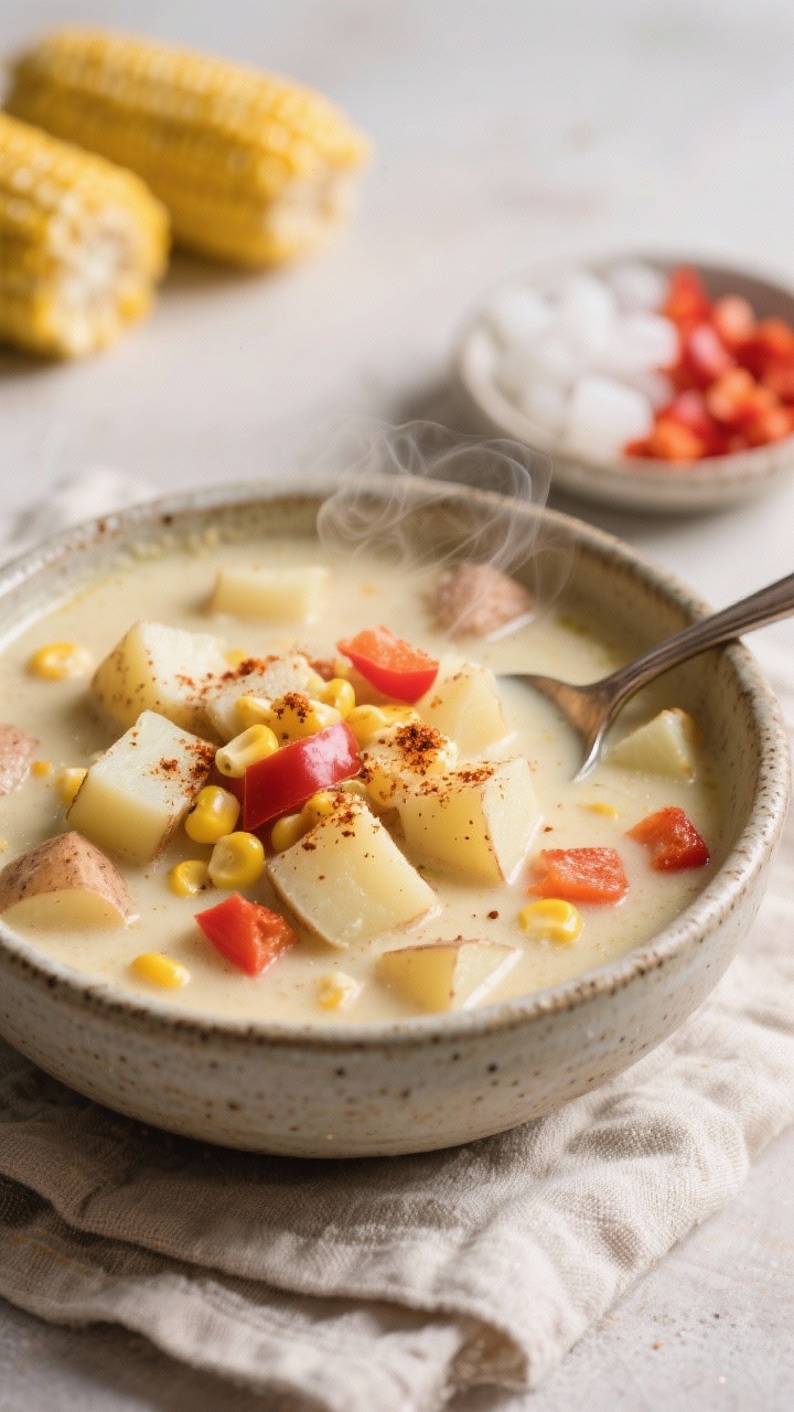A close-up of cozy potato-corn chowder with a secret smoky twist, showing creamy broth studded with 1/2-inch potato cubes, sweet corn kernels, and red bell pepper; subtle wisps of steam and a hint of smoky paprika garnish to suggest the smoky note; served in a stoneware bowl with a spoon resting inside, shot straight on to capture thickness and hearty chunks; neutral linen and a small dish of frozen corn and chopped pepper blurred in the background.