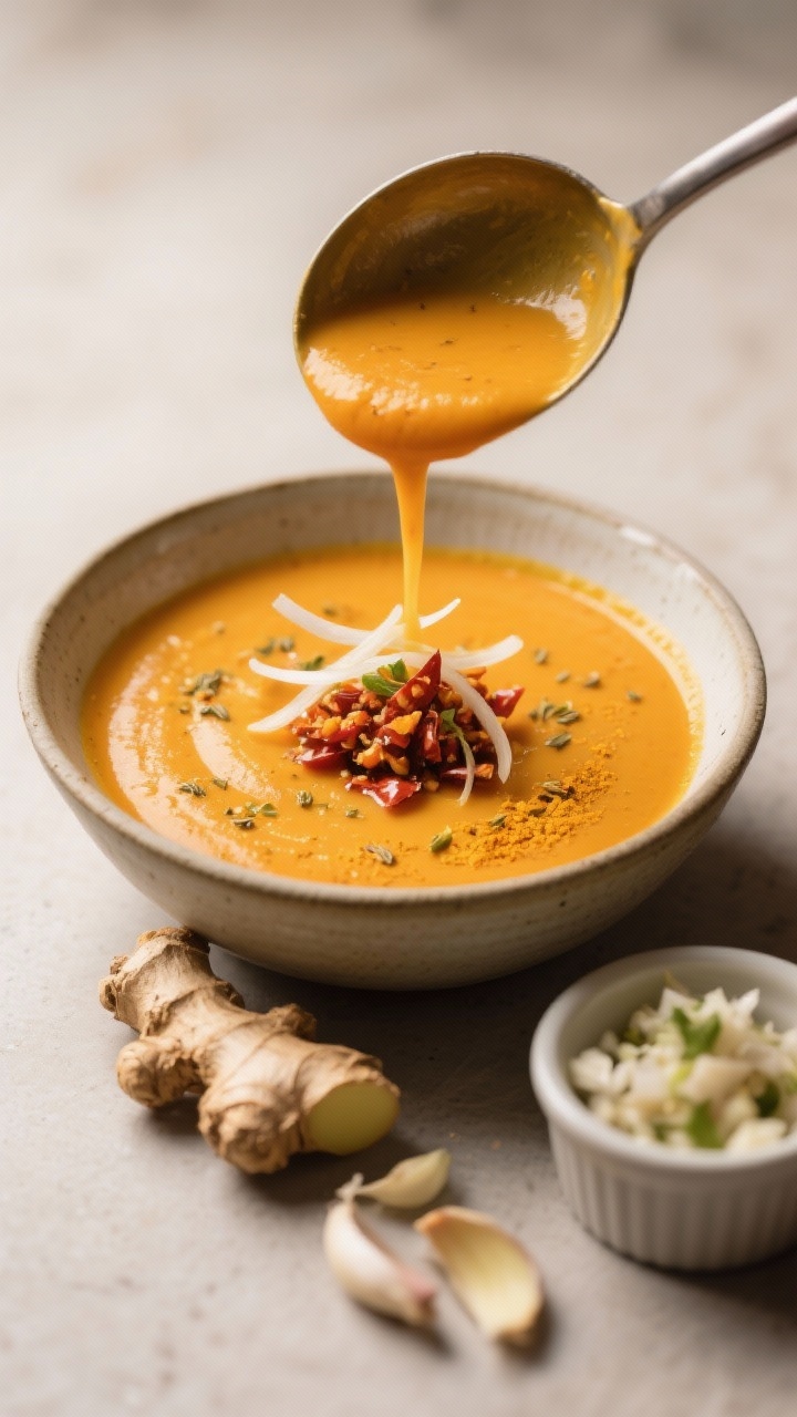 A close-up of golden ginger carrot soup being ladled into a shallow bowl, highlighting its velvety texture and vibrant orange hue; coconut oil sheen, flecks of ground coriander and turmeric, and a dollop of chili crunch on top; thin ribbons of fresh ginger and minced garlic in a small ramekin to the side, captured in soft directional light.