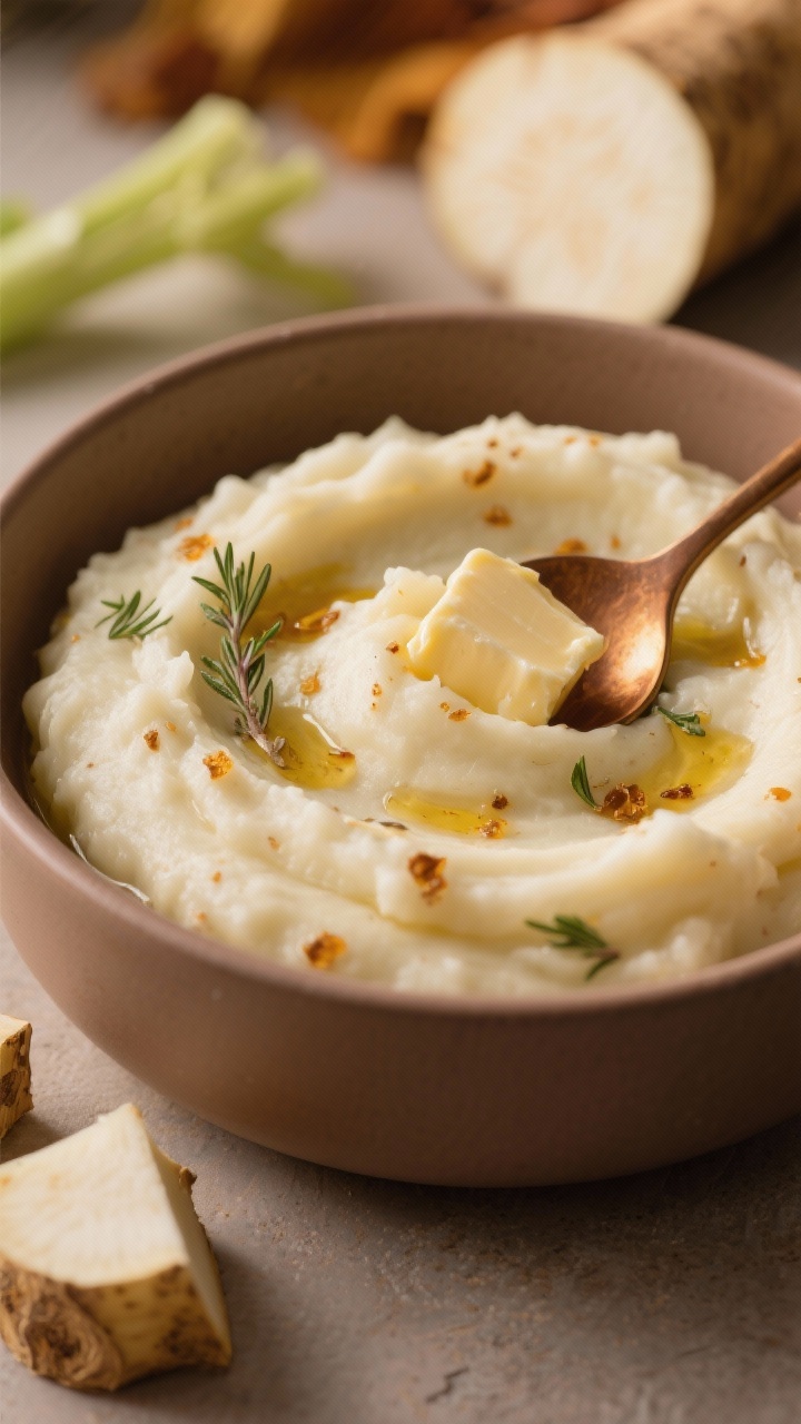 A close-up of silky celery root mash infused with browned butter and thyme: visible golden-brown butter flecks and tiny thyme leaves marbled through the pale cream mash; served in a warm taupe bowl with a butter-browned spoon resting on the rim; raw celery root cubes and an optional turnip/parsnip wedge blurred in the background; cozy, autumnal lighting emphasizing velvety texture.