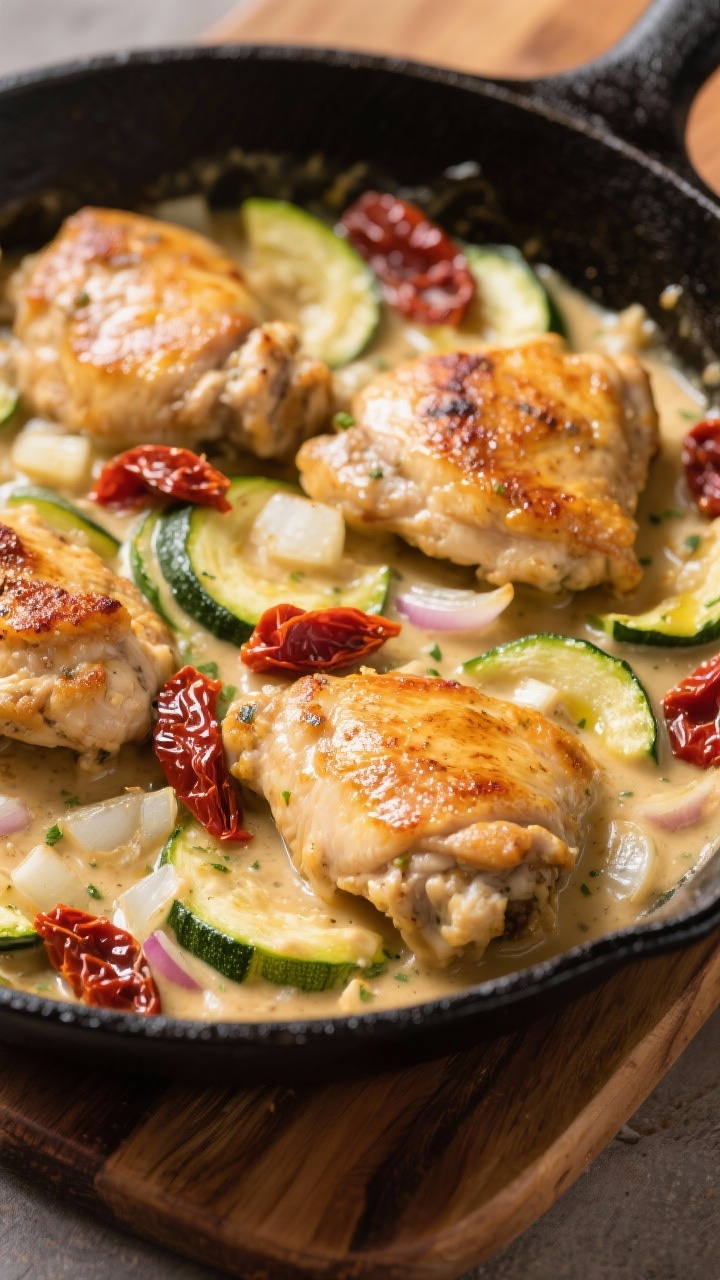 A close-up skillet scene of a one-pan creamy Tuscan chicken zucchini skillet at the finish: bite-size chicken thighs seared golden, ribbons/half-moons of zucchini nestled in a creamy sauce, diced onion and minced garlic visible, chopped sun-dried tomatoes adding deep red pops; glossy surface, olive oil sheen, served in a black cast-iron pan on a wooden board; cozy weeknight comfort vibe