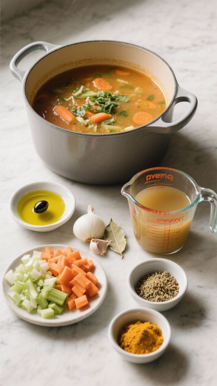A concluding ingredients/process collage at 45 degrees showing a clean mise en place for a one-pot vegan soup concept: olive oil in a small dish, diced onion, minced garlic, chopped carrots and celery, bay leaf, cumin and turmeric in pinch bowls, vegetable broth in a measuring jug, and a heavy pot center stage; natural light, no people, ready-to-cook mood.