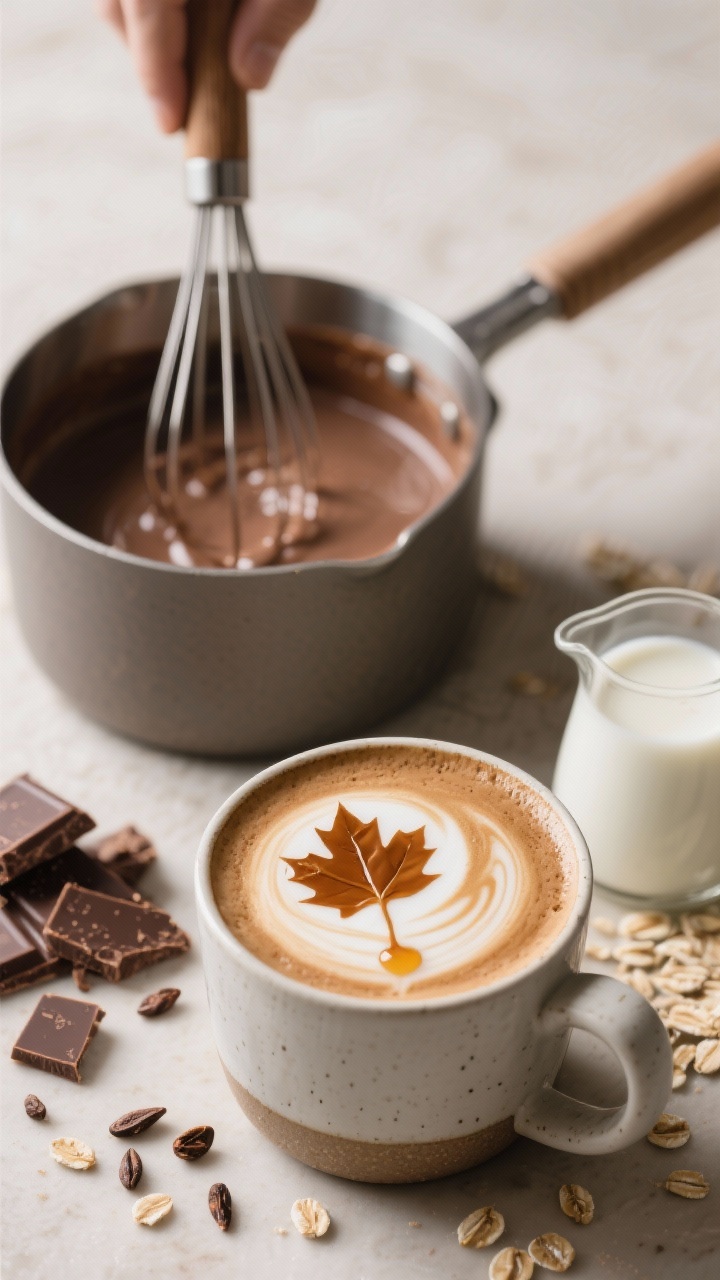 A cozy 45-degree barista-style scene of Mocha Maple Oat Cocoa being whisked in a matte saucepan: creamy blend of barista oat milk and carton coconut milk with 1/4 cup Dutch-process cocoa and 3 ounces chopped semisweet dairy-free chocolate, glossy sheen captured; final mug in foreground with a maple leaf latte-art swirl and visible maple drizzle (3–4 tablespoons pure maple syrup), scattered cacao nibs and a small pitcher of oat milk, soft neutral tones, vegan-friendly modern aesthetic