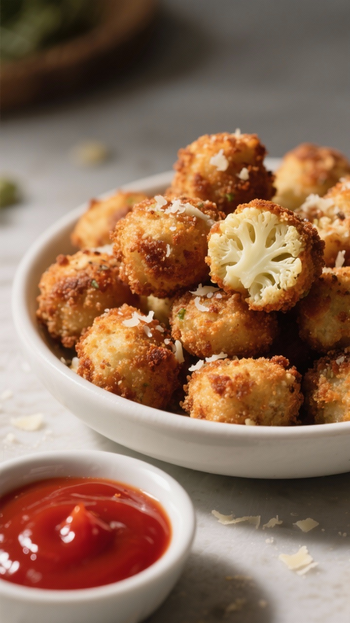 A cozy 45-degree close-up of crispy cauliflower “tater tots” piled in a white bowl, edges browned and nubby from almond flour and finely grated Parmesan, flecked with onion powder, garlic powder, and kosher salt; a small dish of glossy spicy ketchup (deep red with chili warmth) for dipping; one tot mid-dip showing a tender cauliflower interior; warm directional light and shallow depth of field to emphasize crunch and contrast.