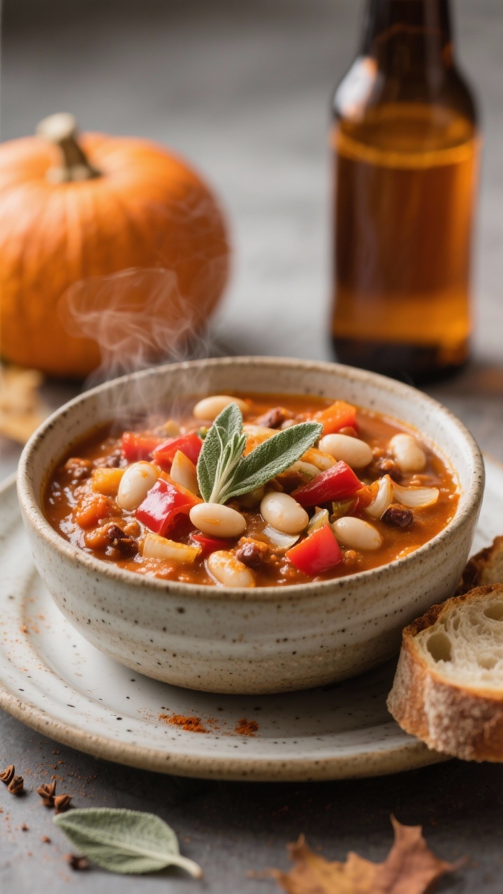 A cozy, straight-on presentation of pumpkin ale chili with white beans and sage in a stoneware bowl: pumpkin-hued stew with creamy white beans, diced red bell pepper, onion, garlic, chili powder, cumin, cinnamon, and tomato paste; fresh sage leaves tucked on top and a splash of pumpkin ale implied by an amber bottle in soft focus; served with rustic bread heel; warm autumnal color grading, gentle steam.