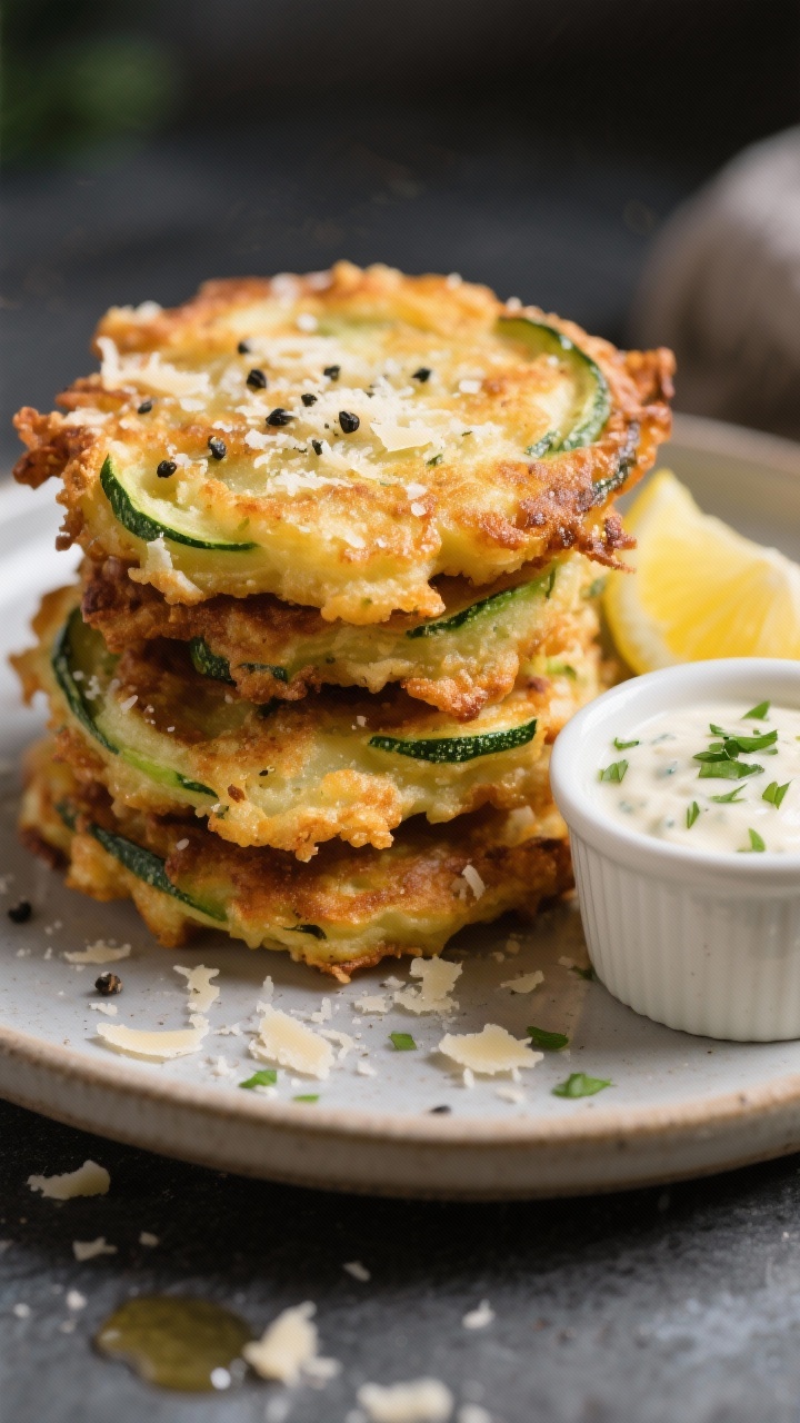 A crispy-detail close-up of parmesan zucchini fritters: golden-brown edges with visible grated zucchini strands, flecks of finely grated Parmesan and black pepper; fritters stacked on a small plate with a ramekin of lemon herb dip (creamy, flecked with green herbs) and a lemon wedge; crumbs on the plate, slight oil sheen, shallow depth of field to showcase crunch and texture.