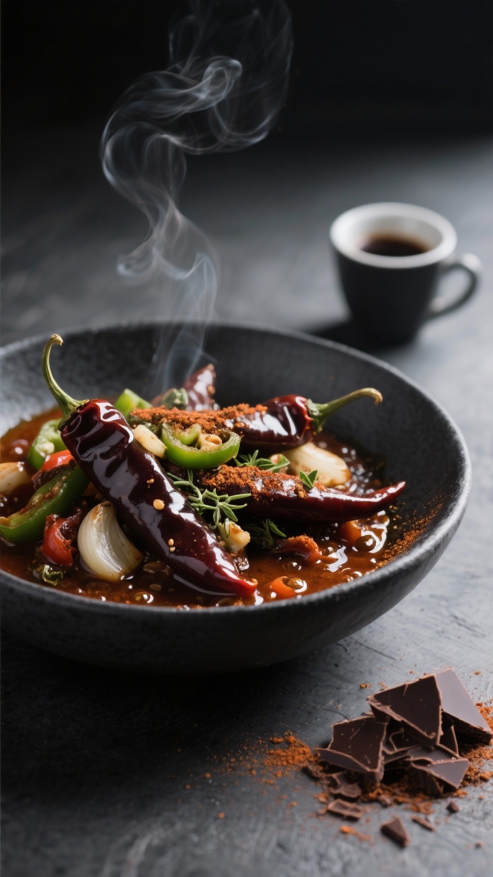 A dramatic close-up of espresso cocoa chili in a deep slate bowl: glossy, dark mahogany chili with visible green bell pepper and onion, garlic, and a bloom of chili powder, cumin, oregano, cinnamon, and tomato paste; micro-bubbles of oil shimmering; cocoa and espresso notes implied with a small mound of shaved dark chocolate and a demitasse cup in the background; directional side light for deep shadows, steam curling up.