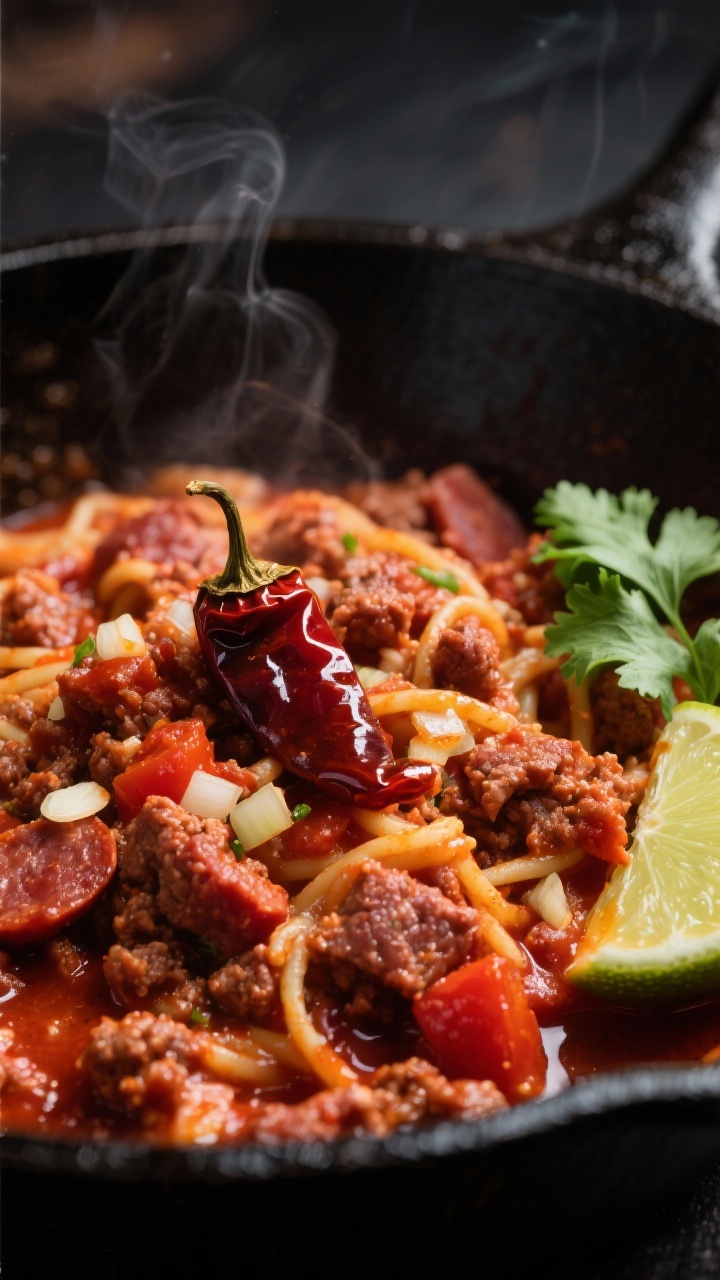 A dramatic close-up of Smoky Chipotle Bolognese in a black skillet: fresh chorizo and ground beef crumbles stained deep red with tomato paste and adobo, flecks of minced onion and garlic; a single chopped chipotle in adobo visible for texture; a subtle smoky haze, glossy fat pools catching light; warm, fiery color palette, lime wedge and cilantro leaves on the side to suggest heat and freshness.
