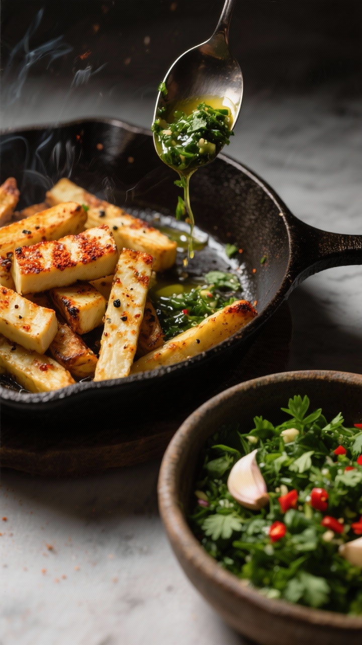 A dynamic 45-degree action shot of seared halloumi “fries” in a cast-iron skillet, surfaces deeply golden with paprika and black pepper, edges sizzling in avocado oil or ghee; alongside, a rustic bowl of vibrant green chimichurri (parsley-forward, finely chopped herbs with visible red pepper flake and garlic) ready for drizzling; a spoon hovering over the fries with a ribbon of chimichurri mid-pour; moody side light to emphasize crust and sheen.