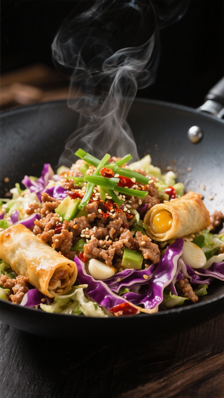 A dynamic 45-degree close-up of “egg roll in a bowl”: ground pork sautéed with garlic in avocado oil, tossed with shredded coleslaw mix and extra purple cabbage for color; glossy strands of cabbage, caramelized bits of pork, sesame chili crunch scattered on top, thin ribbons of green onion; steam rising from a black wok, dramatic side light to emphasize savory sheen and contrasting colors.
