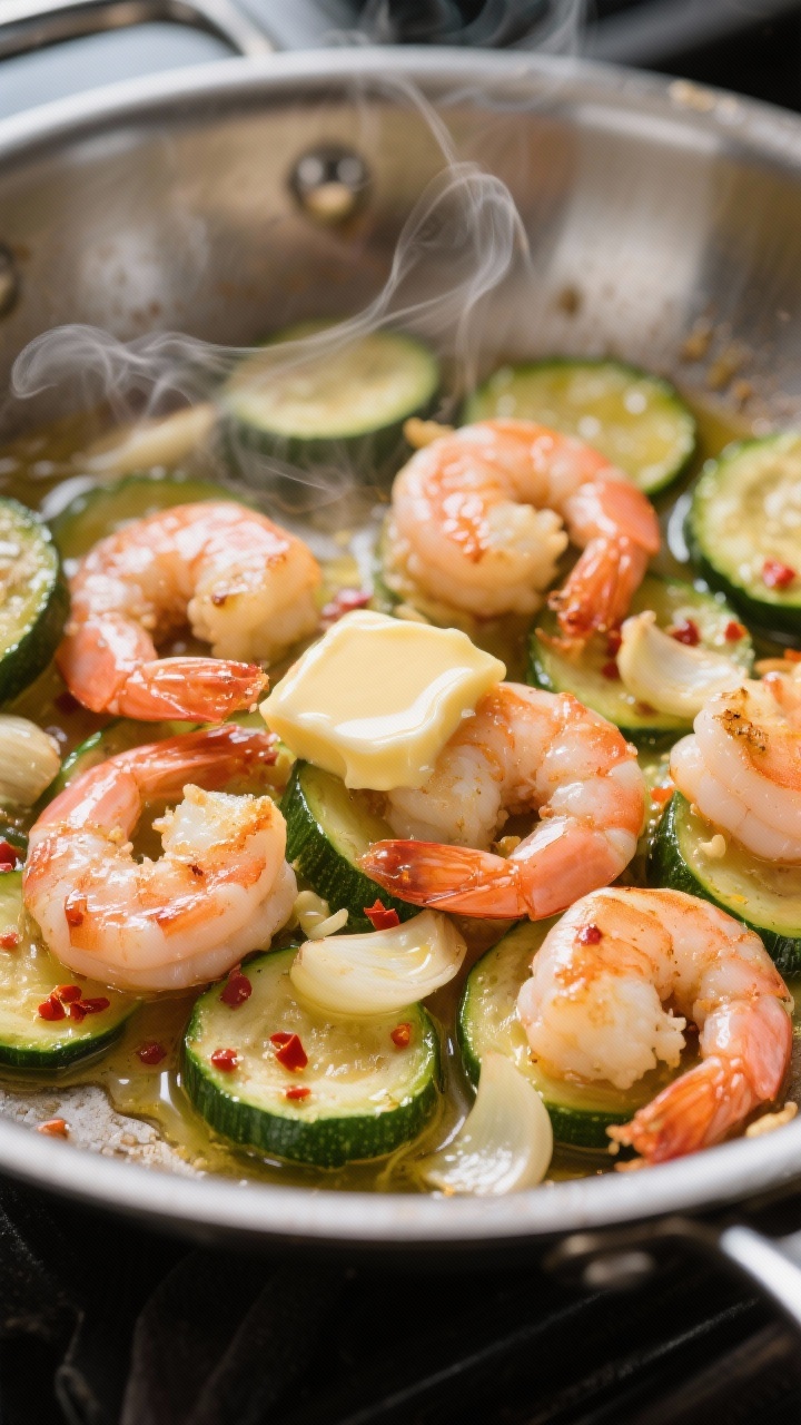 A dynamic close-up sauté shot of zucchini “scampi” with shrimp: large shrimp seared pink and glossy in butter and olive oil, thinly sliced garlic toasting, a few crushed red pepper flakes for heat, coins of zucchini just-tender with a light butter glaze; a finishing pat of butter melting in the pan; captured mid-sizzle with steam, appetizing gloss, served in a brushed stainless skillet