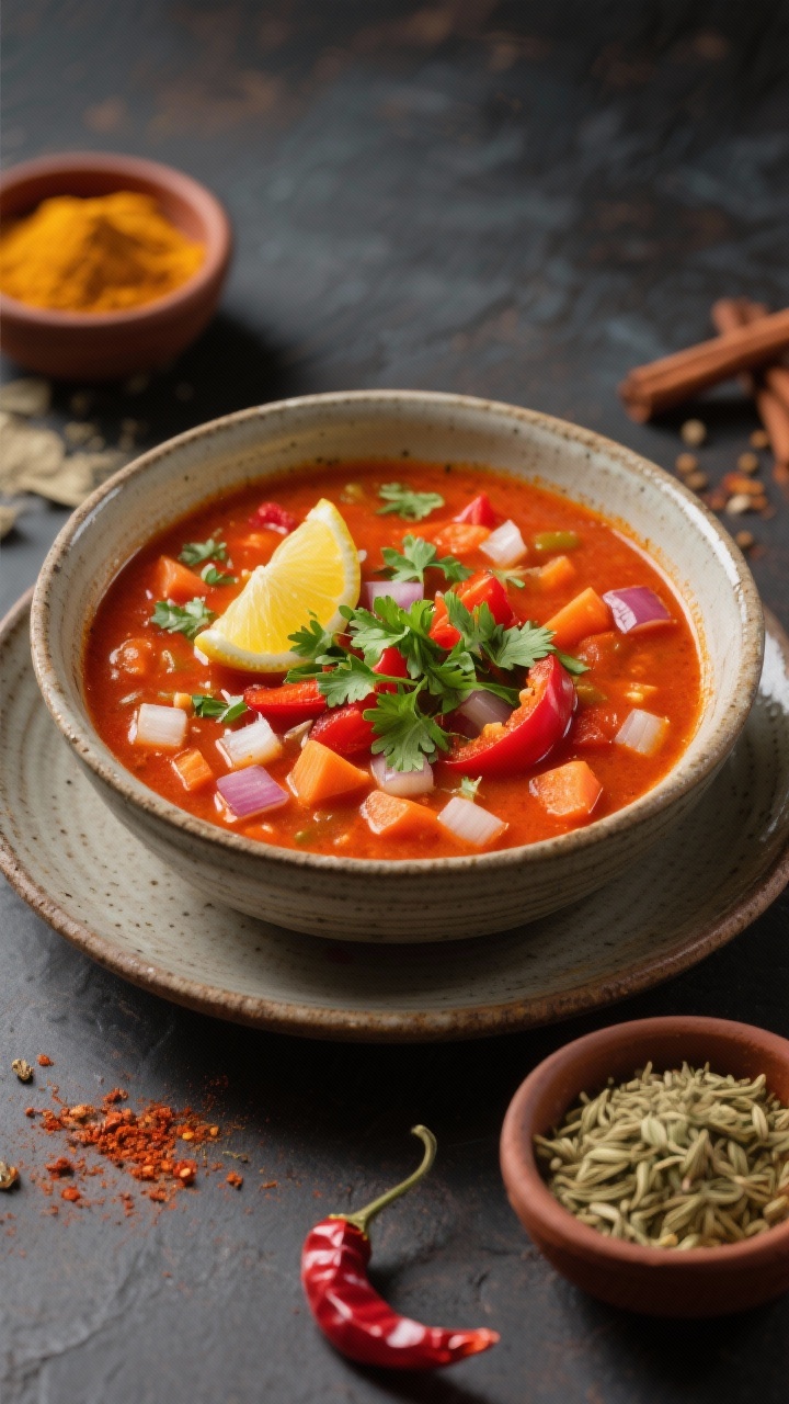 A dynamic overhead shot of spiced red pepper and tomato harira: a richly colored red-orange soup with visible diced onion, carrot, and red bell pepper; cumin, coriander, cinnamon, turmeric, and a touch of cayenne warming the broth; topped with chopped cilantro and a lemon wedge; served in a deep ceramic bowl with spice bowls flanking.