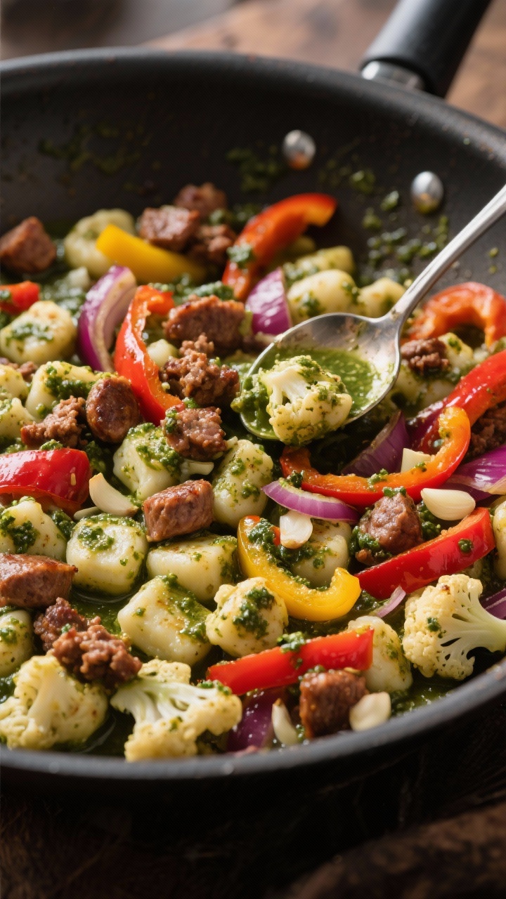 A dynamic skillet-in-action shot at a 45-degree angle of one-pan sausage, peppers, and pesto cauliflower gnocchi: browned Italian sausage crumbles mingling with red and yellow bell pepper strips, sliced red onion, and minced garlic, tossed with seared frozen cauliflower gnocchi coated in a glossy green pesto. Bits of caramelization on gnocchi and sausage, with a spoon creating movement. Warm directional light emphasizing color contrast and hearty weeknight comfort.