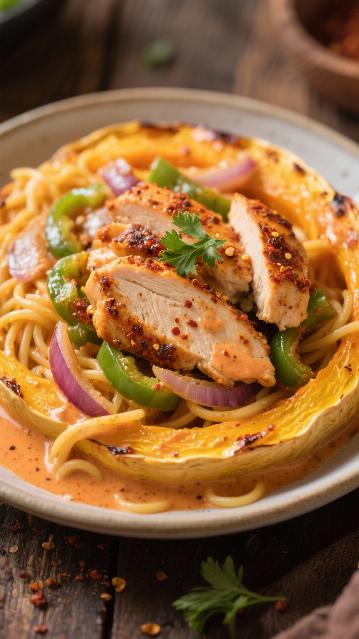 A hearty, straight-on plating of creamy Cajun chicken “pasta” over roasted spaghetti squash: golden roasted squash strands piled like pasta, topped with Cajun-seasoned chicken slices, sautéed onion and green bell pepper, all enrobed in a creamy, lightly orange-tinted Cajun sauce; a sprinkle of extra Cajun seasoning and parsley; served in a shallow bowl, warm rustic backdrop.