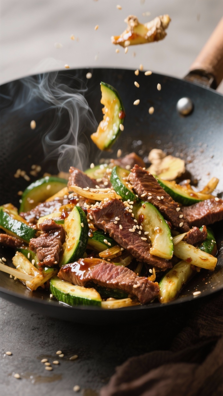 A high-energy 45-degree wok shot of spicy sesame zucchini stir-fry with ginger and beef: thinly sliced flank steak seared with a glossy glaze of coconut aminos/tamari and cornstarch, zucchini matchsticks or half-moons crisp-tender, fragrant ginger strands, sesame oil sheen; a few toasted sesame seeds and steam rising; neutral oil shine, dark wok patina, bold contrast and motion in the toss