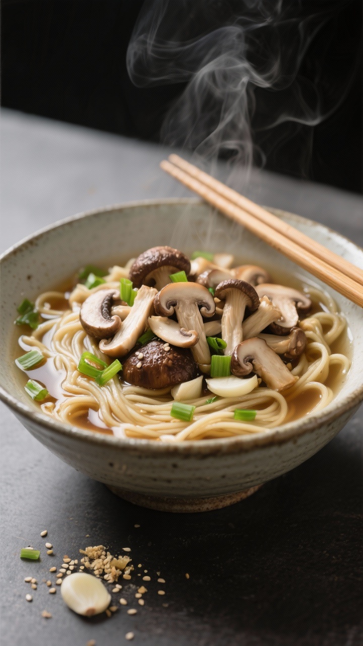 A minimalist ingredient-forward 45-degree shot of miso mushroom noodle soup in a deep ceramic bowl: mixed shiitake, cremini, and oyster mushrooms piled high over slurpable noodles in clear broth; scallions scattered, sesame oil sheen, soy sauce depth; thinly sliced garlic and grated ginger visible; chopsticks resting on the rim, steam gently rising.