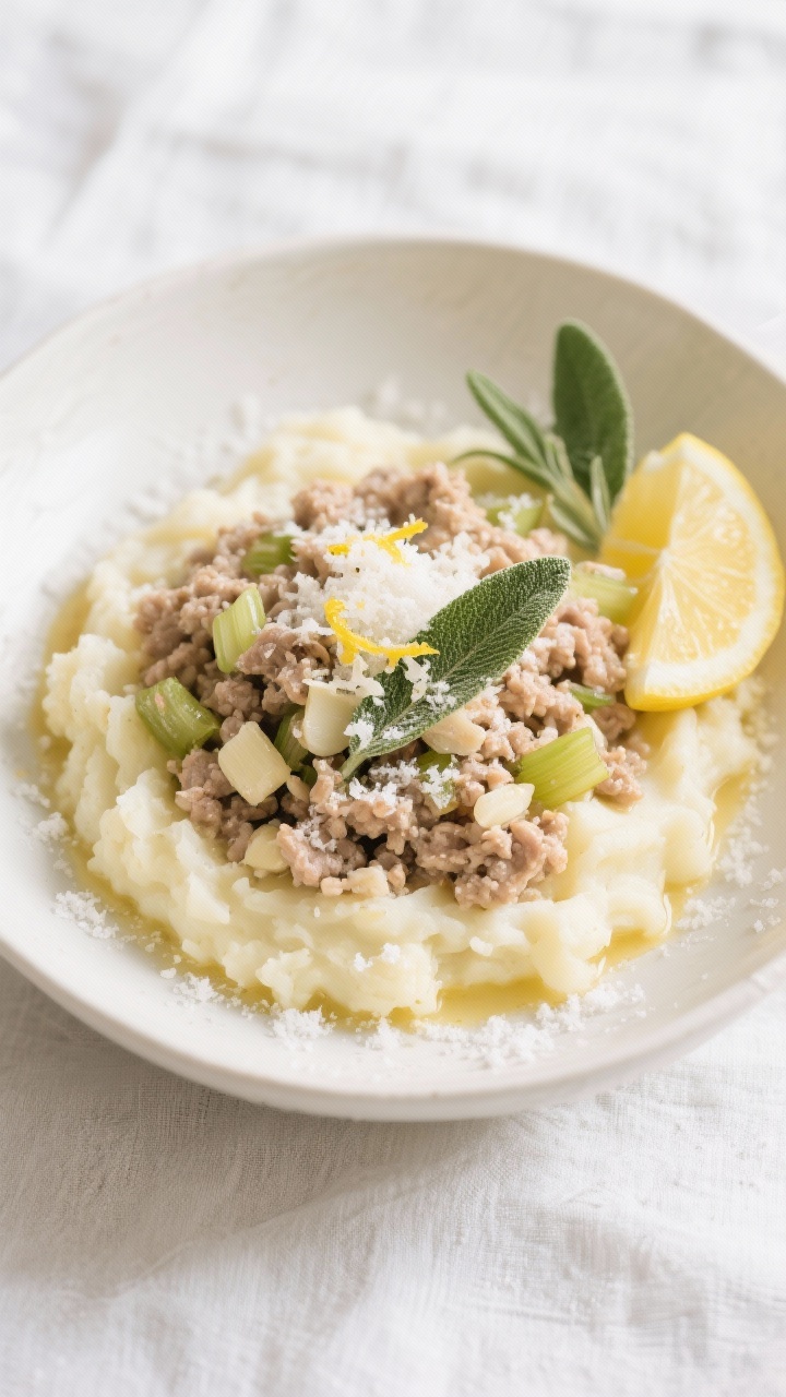 A minimalist overhead presentation of White Bolognese Bianco: ground veal (or pork) and ground chicken gently sautéed in butter and olive oil with minced onion, celery, and garlic; no tomato, just a pale golden sauce brightened with lemon zest and fresh sage leaves; served over cauliflower mash in a shallow cream bowl; grated Parmesan-like snowfall look (if desired), with lemon wedges and sage sprigs styled neatly on a light linen.