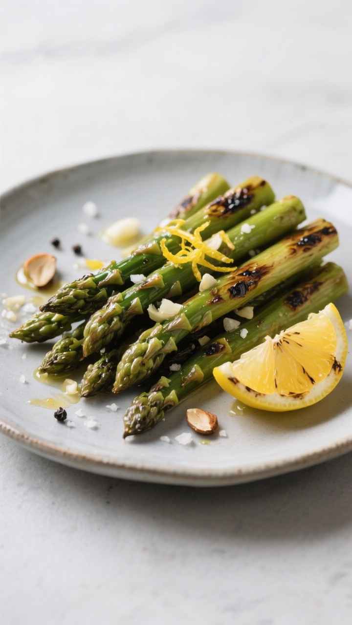 A minimalist plated presentation at 45 degrees: charred lemon-garlic asparagus spears stacked neatly on a matte ceramic plate, blistered tips glistening with olive oil, flecked with minced garlic, kosher salt, and black pepper; finished with bright lemon zest and a few droplets of lemon juice, scattered toasted almond pieces for crunch, a halved grilled lemon off to the side.