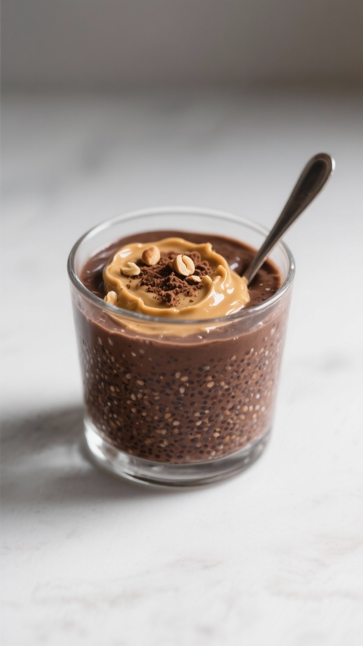 A minimalist, straight-on dessert-style close-up of chocolate peanut butter chia pudding in a clear glass: thick, glossy chia-studded chocolate layer (unsweetened almond milk, heavy cream, cocoa powder, erythritol/monk fruit, vanilla) topped with a swirl of creamy peanut butter, a sprinkle of extra cocoa, and a few crushed peanuts. Clean backdrop, soft highlights on the glass, spoon imprint showing silky texture. Indulgent yet keto-friendly mood.