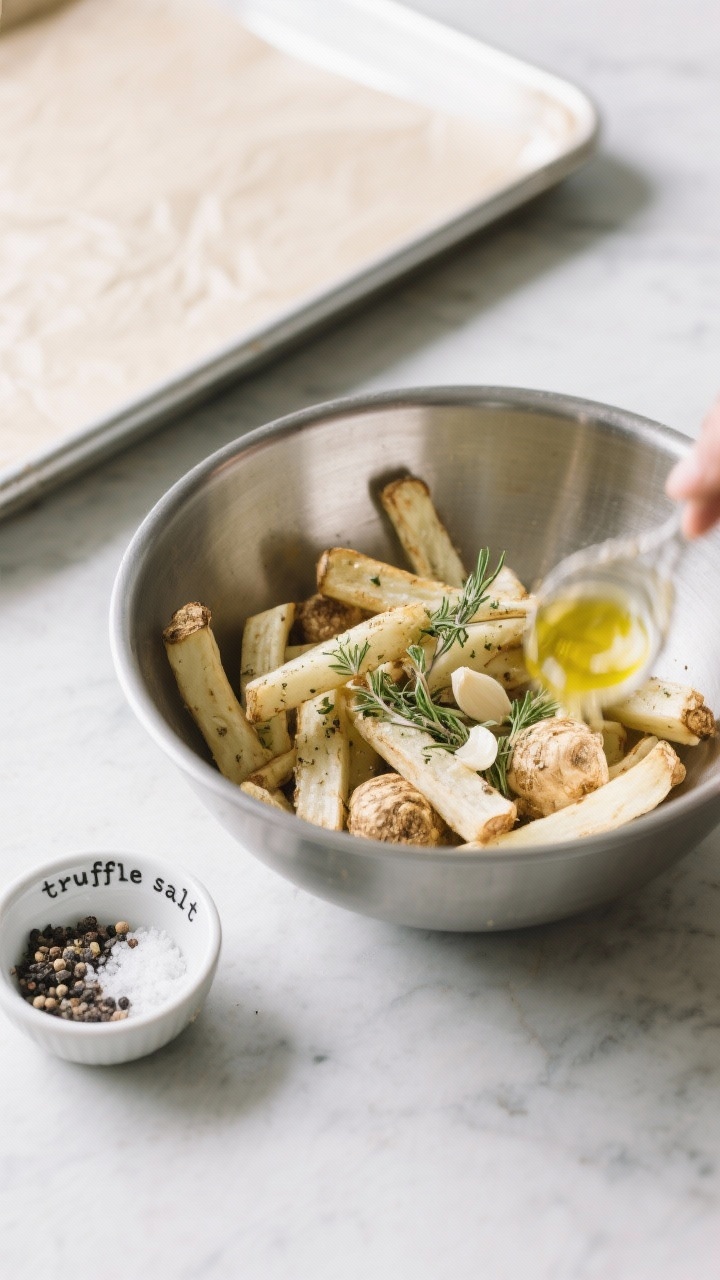 A minimalist, straight-on ingredients-to-oven scene: raw 1/3-inch celeriac fries in a stainless mixing bowl being tossed with avocado oil, garlic powder, dried thyme, kosher salt, and black pepper; a small pinch bowl labeled “truffle salt” set aside for finishing; nearby sheet pan lined with parchment ready for roasting; cool daylight and high clarity to show the knobby celeriac texture and herb speckling.