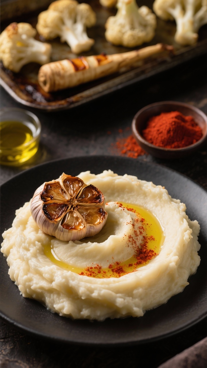 A moody 45-degree close-up of roasted garlic parsnip-cauliflower mash with smoked paprika butter: a swirl of paprika-stained melted butter pooling on the silky pale mash; roasted garlic head split open with caramelized cloves exposed, parsnip wedges and cauliflower florets roasted on a tray behind; a small bowl of deep-red smoked paprika and a drizzle of olive oil nearby; warm, smoky tones.