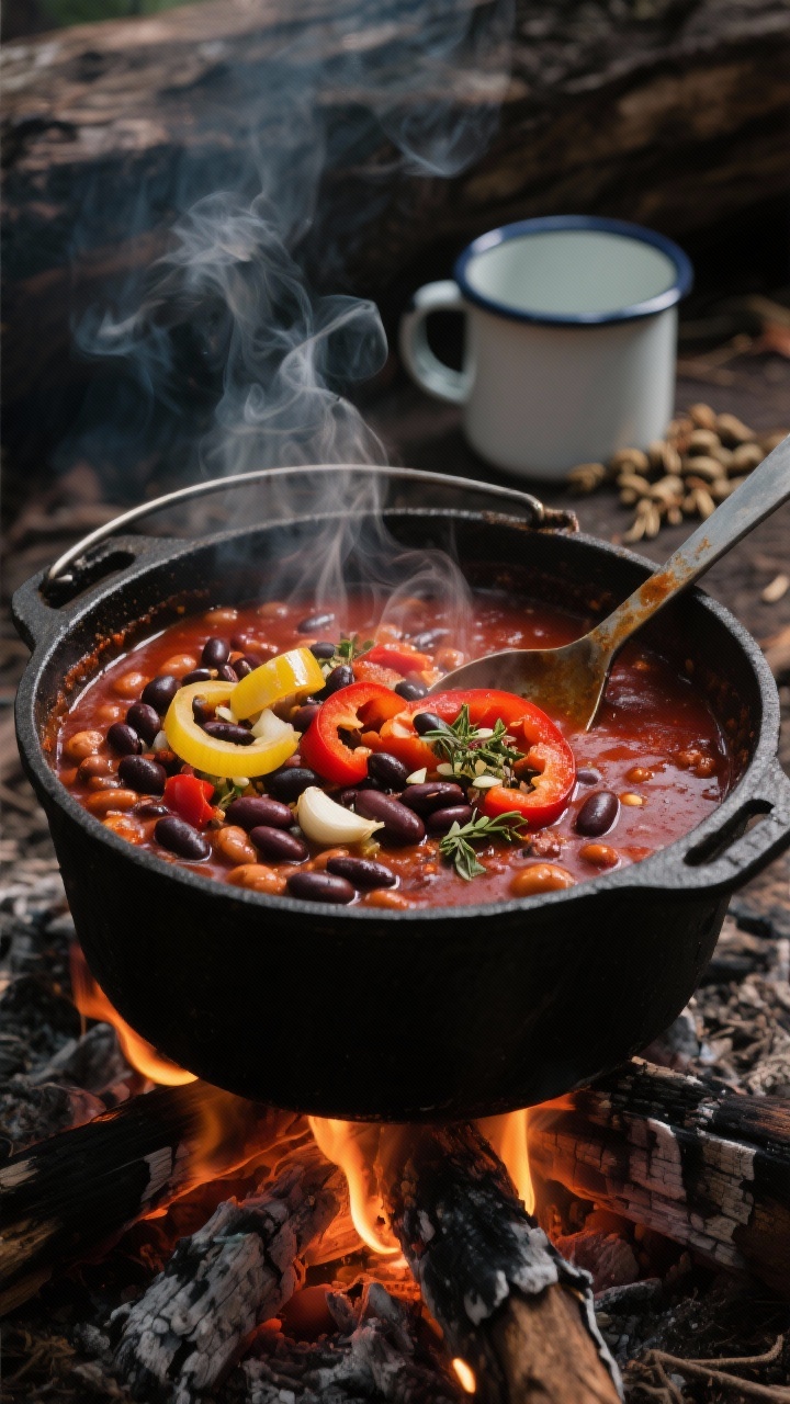 A moody campfire-style close-up of smoky three-bean chili simmering in a black cast-iron Dutch oven over glowing coals: visible yellow onion, red bell pepper, and minced garlic nestled among kidney, black, and pinto beans; deep red broth infused with ground cumin, smoked paprika, dried oregano, and chopped chipotles in adobo; tendrils of steam rising, charred wood backdrop, ladle partially dipped to show hearty texture, rustic enamel mugs and a scattering of cumin seeds nearby, no people.