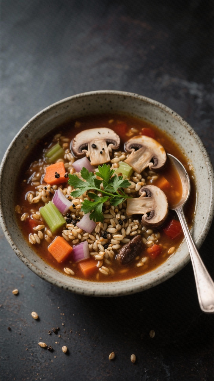 A moody straight-on shot of hearty barley and mushroom “beefy” soup in a heavy stoneware bowl: sliced cremini and portobello mushrooms, pearled barley, diced onion, carrot, and celery in a savory umami broth; tomato paste depth and soy sauce tamari notes; garnished with parsley and cracked black pepper, with a spoon resting beside.