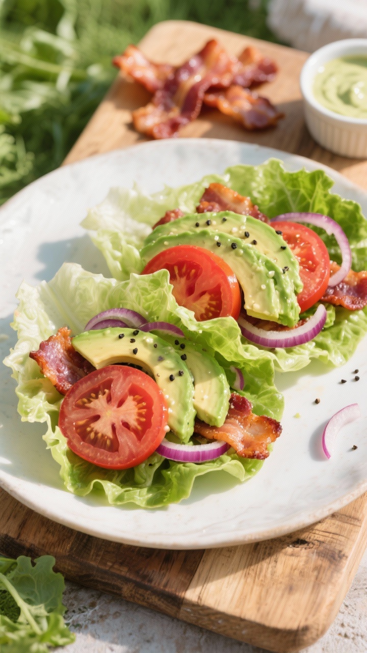 A plated, 45-degree angle shot of BLT lettuce wraps: crisp romaine or butter lettuce leaves cradling thick-cut bacon strips, thin tomato slices, ripe avocado slices, and wisps of thinly sliced red onion, finished with a glossy drizzle of avocado ranch. Freshly ground black pepper visible on the tomatoes. Styled on a rustic board with extra bacon and a small ramekin of dressing. Bright, fresh, picnic-like mood highlighting juicy reds, vibrant greens, and creamy avocado texture.