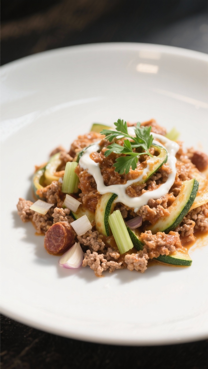 A plated, dairy-free velvet bolognese: ground turkey (dark meat) and Italian sausage ragu finished with coconut cream for a silky, pale rust hue, spooned over sautéed zucchini ribbons on a matte white plate; visible minced onion, garlic, and celery rib bits; coconut cream drizzled in a subtle swirl, fresh parsley for contrast; bright, clean lighting at 45 degrees to emphasize the velvety texture and dairy-free sheen.