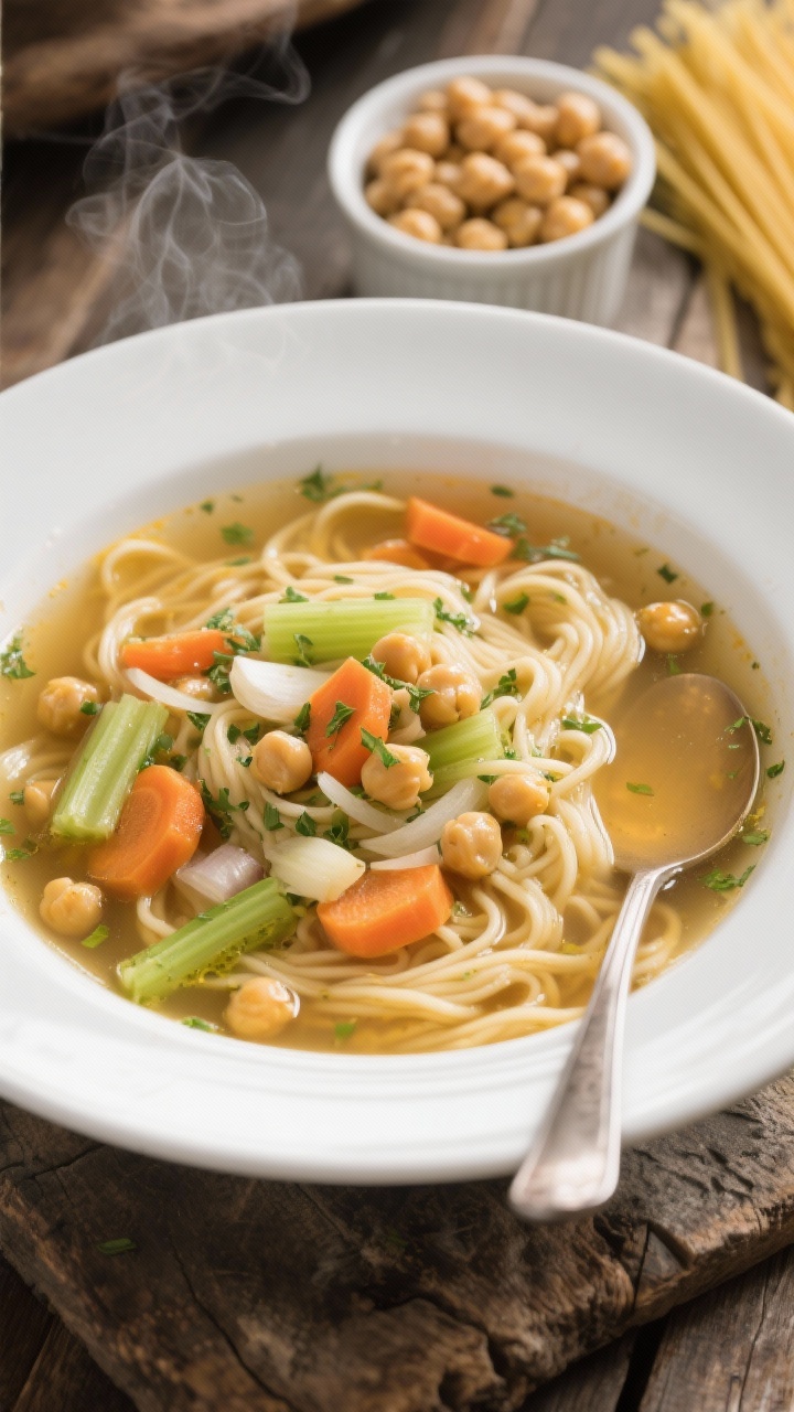 A plated, straight-on bowl of weeknight chickpea noodle soup: clear golden vegetable broth filled with tender noodles, chickpeas, sliced carrots, celery, onion, and flecks of garlic; steam softly rising, fine herbs lightly sprinkled for freshness; served in a deep white bowl with a matching spoon on a rustic table, a small ramekin of chickpeas and uncooked noodles in the background; inviting, comfort-food mood with crisp, appetizing detail.